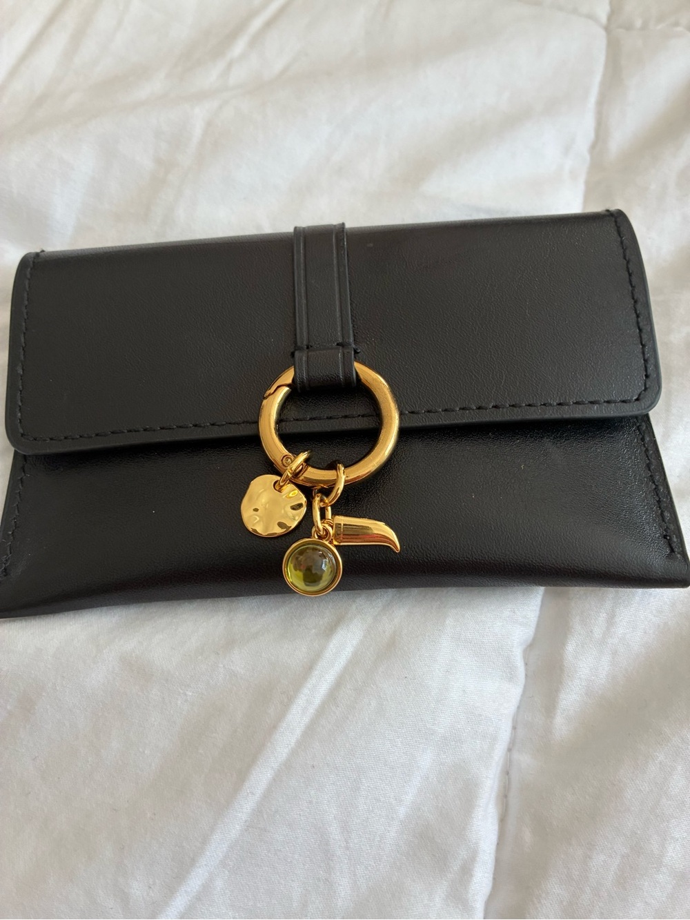Madewell Black Leather Card Holder with Gold Charm Ring